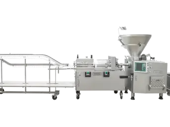Vemag HP10L + VS227 + AH 219 | Vemag højkapacitets pølselinje med ophænger | Pølsestopper og pølsesprøjte til fødevareindustrien | Nemco