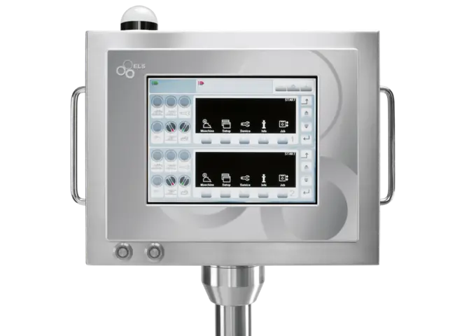 Etiketteringsmaskinen ELS 330 display med automatisk etikettering/mærkning. Etiketmaskine, etiketdispenser til fødevarer og flasker.