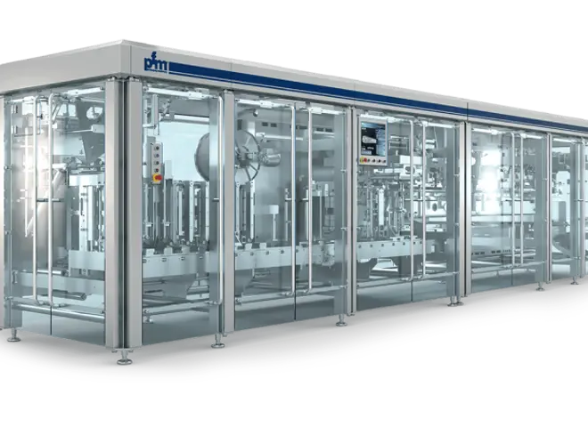 PFM D-serien flowpack maskine til fremstilling af ståposer fra flad folie.