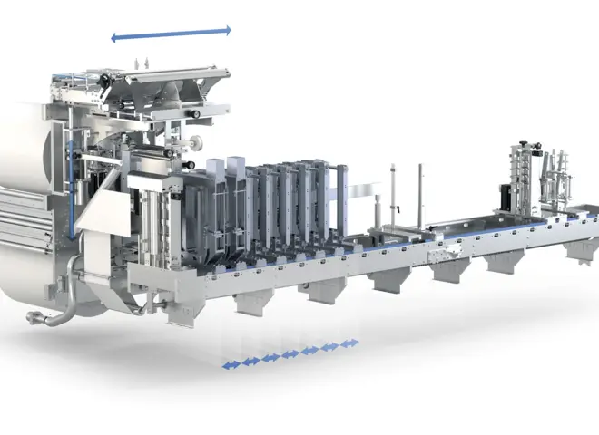 PFM D-serien flowpack maskine til fremstilling af ståposer fra flad folie.