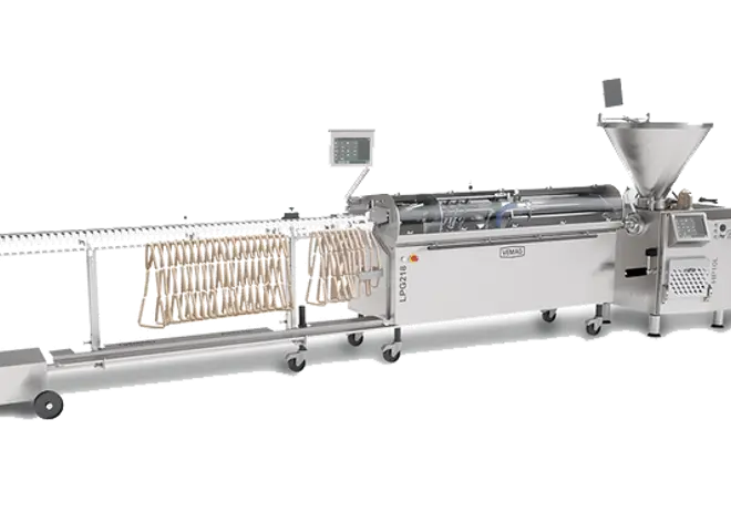 Vemag HP10E + LPG 218 + AH 219  | Vemag højkapacitets pølselinje med ophænger | Pølsestopper og pølsesprøjte til fødevareindustrien | Nemco